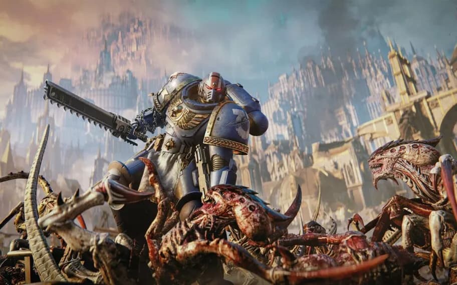 Warhammer 40,000 key art — armoured figures in a smoke-filled scene.